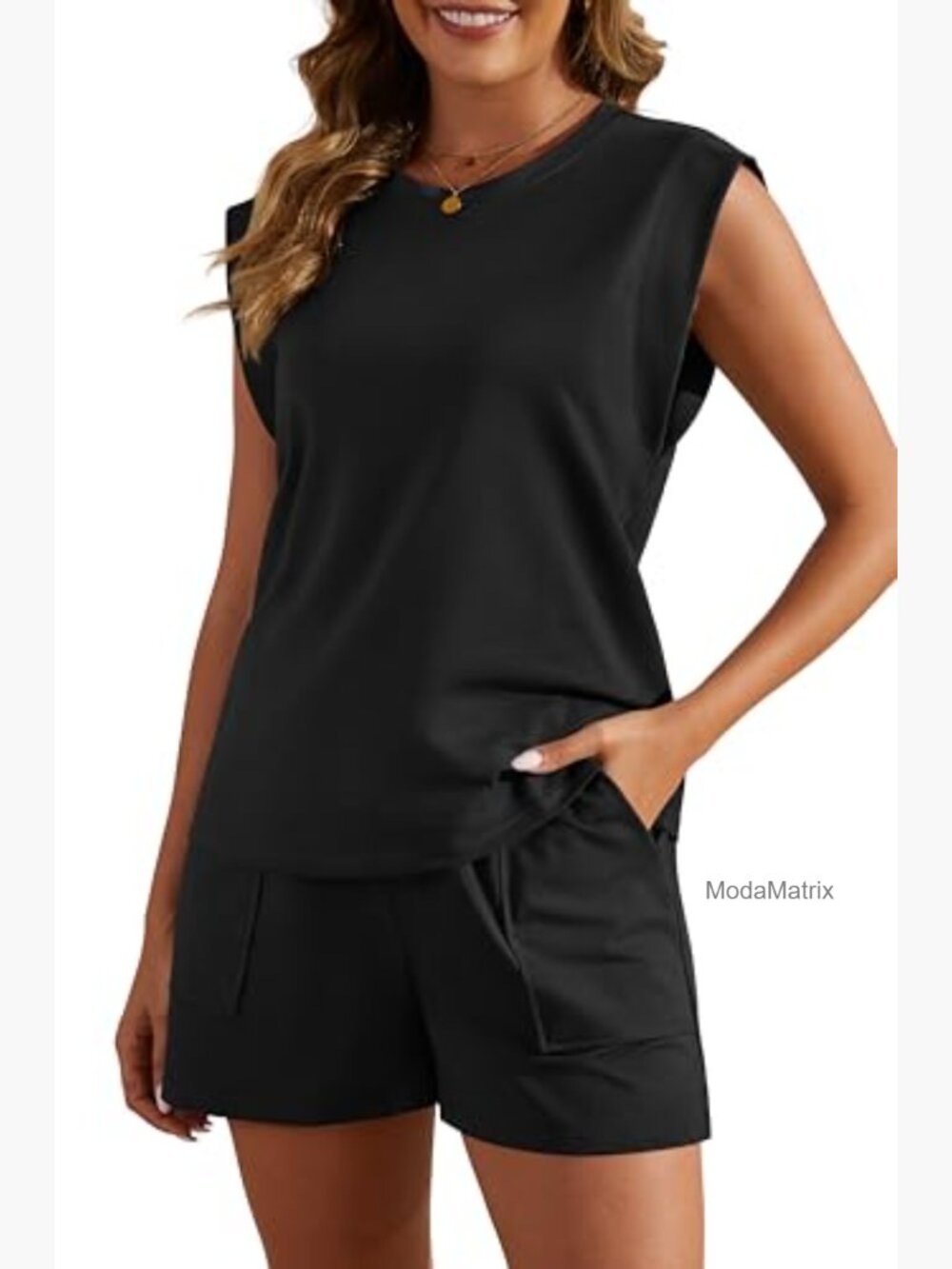 Cap Sleeve Lounge Short Set with Pockets, Soft Cotton Blend, Two Piece - Picture 3 of 7